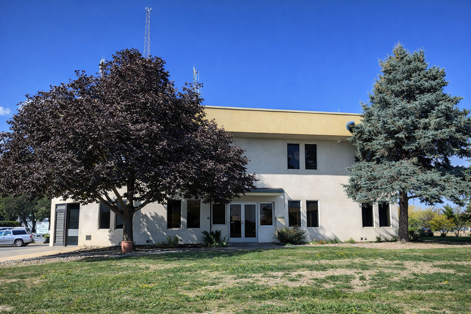 Office building exterior with landscaping